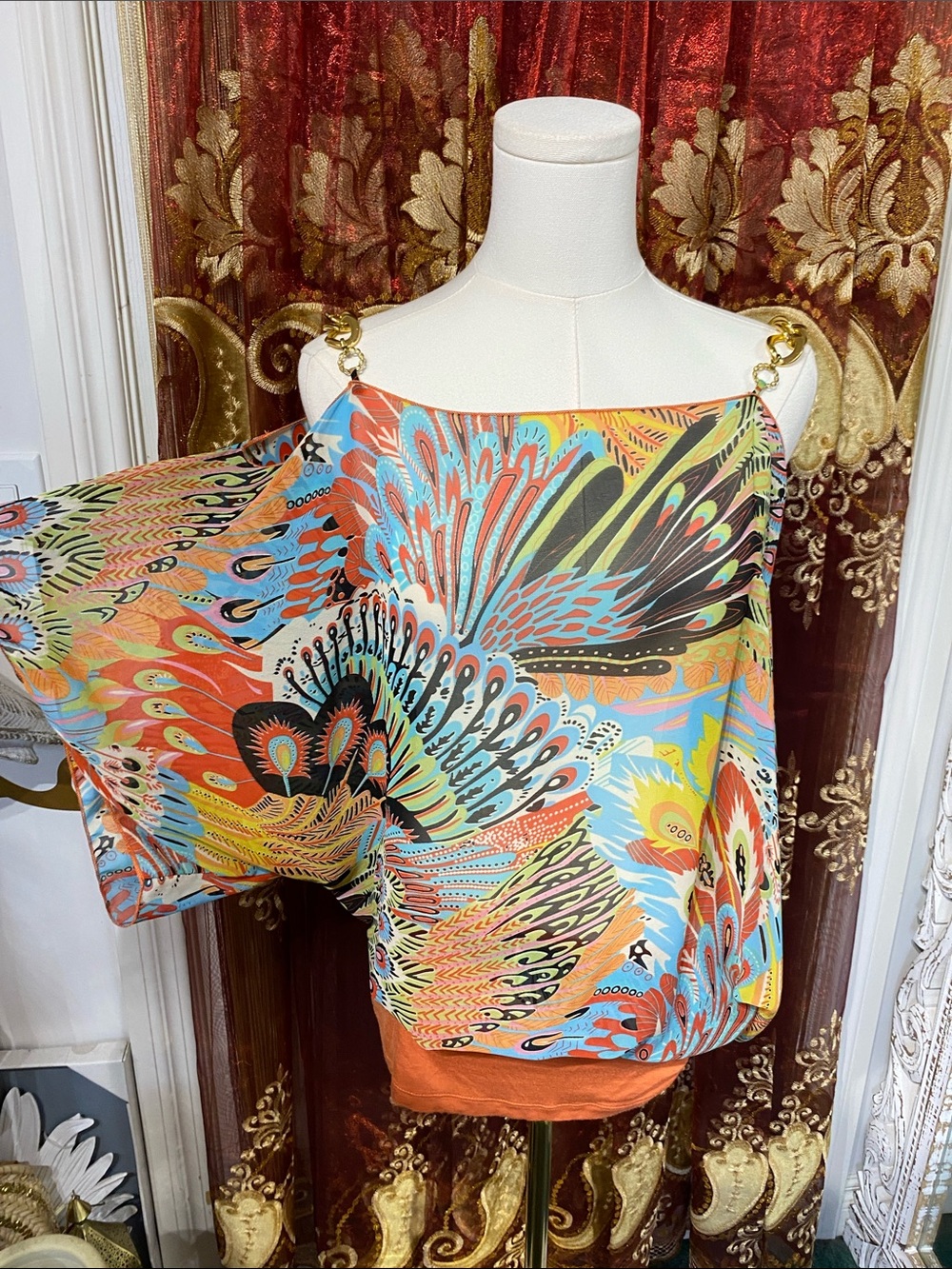 Vintage Orange Peacock Semi Sheer Top Dress Size XS